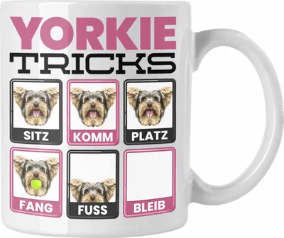 Produktbild von Trendation - Yorkie Besitzer Tasse Geschenk Lustiger Spruch Geschenkidee Yorkie Tricks Bleib (Weiß)