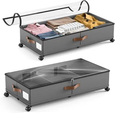 Productafbeelding van Opbergboxen voor onder het bed, 48 liter, met transparant deksel, voorzien van wielen, geschikt voor kleding en schoenen
