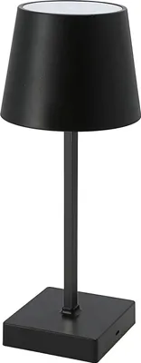 A black table lamp with a square base and a conical shade is shown against a white background.