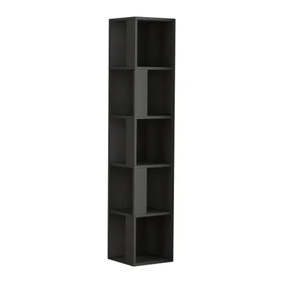 A tall, narrow, dark gray bookshelf with five cubic compartments.