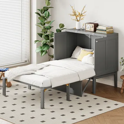 Obrázok produktu pre Flieks funkčná sklápacia posteľ 90x200cm s lamelovým roštom, sklápacia jednolôžková posteľ pre mladých Nástenná posteľ Nástenná sklápacia posteľ s lamelovým roštom, drevená posteľ sivá
