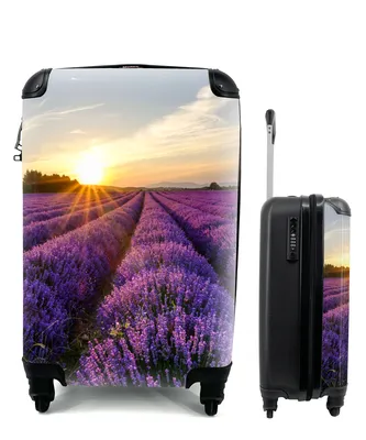 Produktbild von MuchoWow® Koffer Handgepäck Trolley Rollkoffer Kleine Reisekoffer mit 4 Rollen - Lavendel - Blumen - Sonnenuntergang - Lila - Cabin Size < 55x40x23 cm & 55x40x20 cm - Fotokoffer - Kabinenkoffer - Boardgepäck - Reise-Box - Reisekoffer - Reisegepäck - Koffer mit Bild - Trolley für Kinder