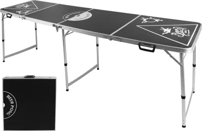 A black beer pong table is shown unfolded and set up, with a smaller, folded version of the table shown in the lower-left corner.