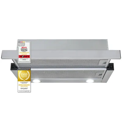 A silver range hood with two filters and LED lights, featuring promotional badges.