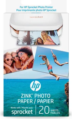 Packaging for HP Zink Photo Paper for Sprocket printers, featuring images of people enjoying photos and the ocean.