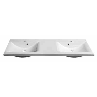 A white double basin vanity top with two faucet holes and an overflow drain in each basin, presented on a white background.