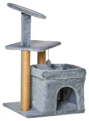 Image de Arbre à gratter pour chats - Tour d'escalade avec cachette - 4 niveaux - Poteaux à gratter en jute - Revêtement en peluche avec coussin - Hauteur 84 cm - Gris