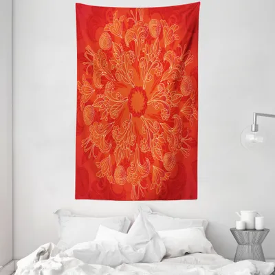 Produktbild von ABAKUHAUS Red Mandala Wandteppich und Tagesdecke, Vibrant Gekritzel-Kunst aus Weiches Mikrofaser Stoff Waschbar ohne Verblassen Digitaldruck, 140 x 230 cm, Scarlet orange