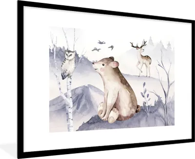 Produktbild von MuchoWow® Gerahmtes Poster Winter - Schnee - Tiere 90x60 cm - Poster mit Schwarzem Bilderrahmen Wandposter Rahmen Foto Bilder - Wanddekoration - Fotos