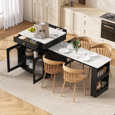 Image de Table extensible avec éclairage LED, table de bar avec prises intégrées, table de cuisine/salle à manger de 128-200x71x92 cm, noire