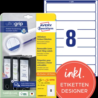 Produktbild von Avery Zweckform L6060REV-20 Ordner-Etiketten, ablösbar, A4 mit ultragrip, 34 x 192 mm, 30 Bogen/240 Etiketten, weiß