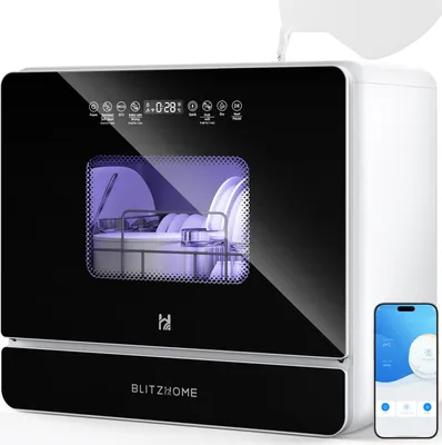 A compact, modern dishwasher is shown from the front, with a smartphone displaying its app interface to the right. Water is being poured into the top of the dishwasher.