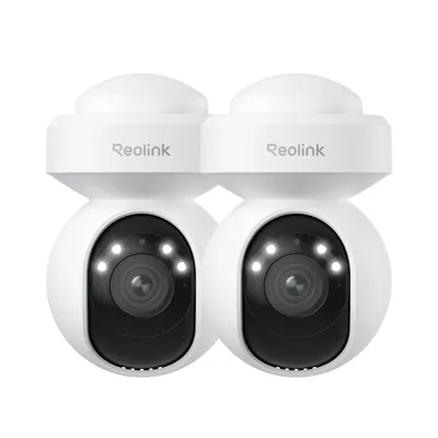 Two white Reolink security cameras are shown against a white background.