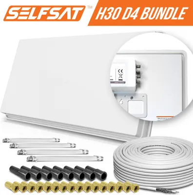 Produktbild von Selfsat H30D4+ 4 TV Teilnehmer SAT Flachantenne FLAT + Fensterdurchführung + Kabel FULL HD 4K