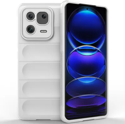 A white phone case is shown next to a smartphone with a blue wallpaper.