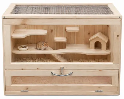 Produktbild von Kleintierkäfig Holz mit Etagen & Plexiglasfront, Drahtdeckel & Häuschen