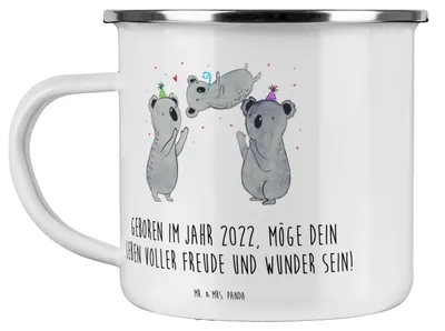 Produktbild von Mr. & Mrs. Panda Pott 2022 Geburtstag - Weiß - Geschenk, Glückwunsch, besondere Geburtstagsgeschenke, Emaille Tasse, magische Momente, Happy Birthday, becher, Teetasse