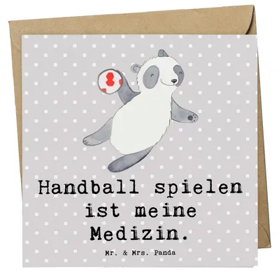Produktbild von Mr. & Mrs. Panda Grußkarte Panda Handball spielen - Grau Pastell - Geschenk, Turnier, Club, faltkarte, Verein, Glückwunschkarte, anlasskarte, doppelkarte, Klappkarte