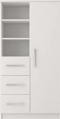 A white wardrobe with shelves and drawers.