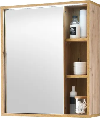 Produktbild von GREECE Spiegelschrank Bad mit LED-Beleuchtung in Wotan Eiche Optik - Badezimmerspiegel Schrank mit viel Stauraum - 60 x 70 x 20 cm (B/H/T)