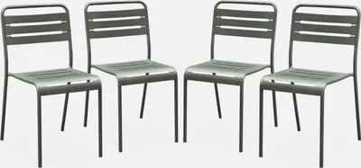 Four identical gray metal garden chairs are arranged in a row against a white background.