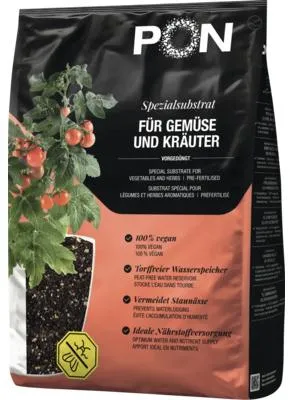 Produktbild von PON-Pflanzsubstrat VEGGIEPON 6 Liter | Substrat für Gemüse, Kräuter und Obst | vorgedüngt, vegan und torffrei | 13989