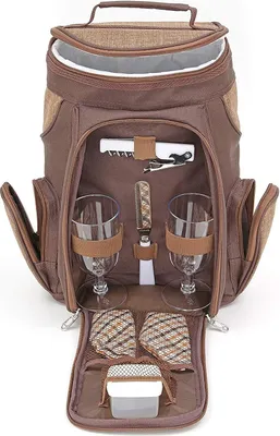 Produktbild von BRUBAKER Wein oder Champagner Picknicktasche Rucksack mit Gläsern für 2 Personen mit Kühlfach Braun 20 × 17 × 36 cm