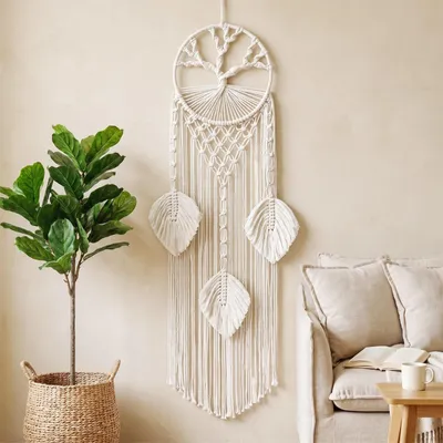 Macramé Traumfänger, Wandbehang, handgefertigt, Boho-Stil, beige