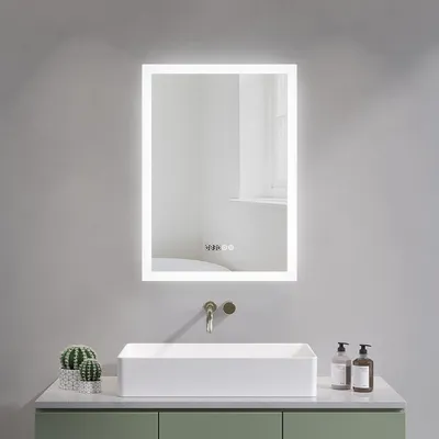 Produktbild von 50x70 cm Badspiegel mit Beleuchtung polierte Kante LED 4 mm Kristallspiegel 3 Lichtfarben Dimmbar Digitaluhr Antibeschlag