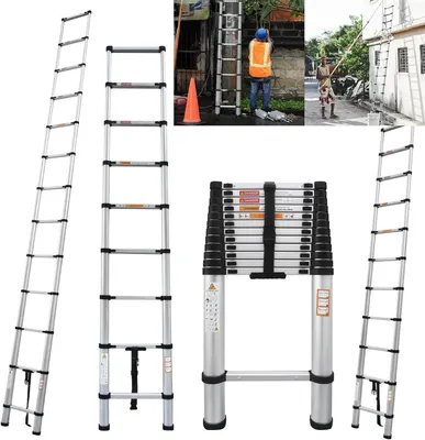 Produktbild von Aluminium Teleskopleiter - 4,4 m - 15 Sprossen - Sprossenabstand 30 cm - Tragkraft 150 kg - Eingeklappt 92 cm - Kombileiter
