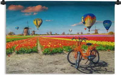 Produktbild von MuchoWow® Wandteppich Wandbehang Heißluftballon - Orange - Tulpen 90x60 cm Tapisserie Dekoration Wandtuch - Wandskulpturen - Bildteppich