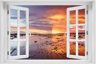 Produktbild von Wallario Wandbild mit Fenster-Illusion: Wattwanderung am Meer bei Sonnenuntergang, Größe: 61 x 91,5 cm, Poster mit weißem Aluminiumrahmen