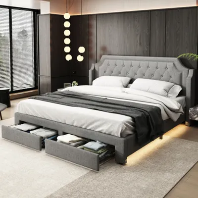 Produktbild von Polsterbett 180*200 mit Lattenrost und Kopfteil, mit 2 Schubladen, LED-Bett, Jugendbett, für Erwachsene & Jugendliche, Holzlattenunterstützung