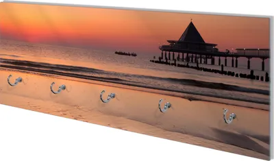 Produktbild von Wallario Flurgarderobe Wandgarderobe aus Glas, mit 5 Haken, Größe 80 x 30 cm, Motiv Strand am Abend - Seebrücke am Ostseebad Heringsdorf