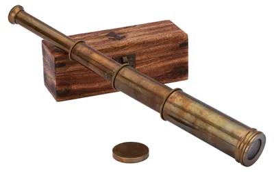 Teleskop aus antikem Messing, 35 cm, in Holzkiste