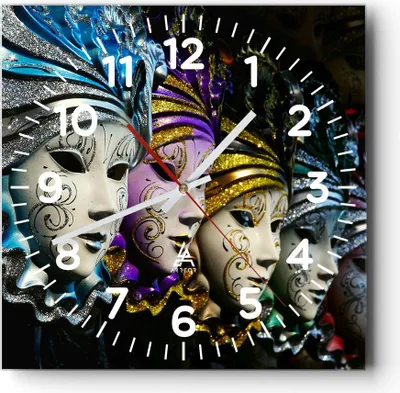 Produktbild von Wanduhr - Quadrat - Glasuhr - Abstrakt Maske Feder Festival - 40x40cm - Schleichendes Uhrwerk - Lautlos - zum Aufhängen bereit - Dekoration Modern - Wanddekoration aus Glas - C4AC40x40-2105