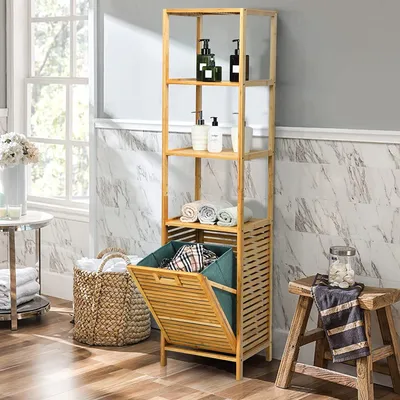 Zdjęcie produktu dla Półka łazienkowa z koszem na pranie, półka łazienkowa wykonana z bambusa, szafka łazienkowa wysoka szafka z 3 półkami na akcesoria łazienkowe, rozkładana torba na pranie wykonana z tkaniny, natura