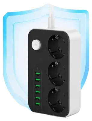 Productafbeelding van Stroomverdelers, 3 wisselstroomuitgangen, 6 slimme USB-poorten, maximaal vermogen 2500W, 2 meter verlengkabel, overspanningsbeveiliging