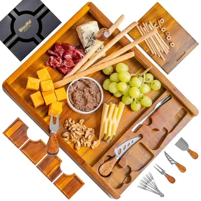 Produktbild von Akazienholz Käsebrett mit Käsemesser Set – Servierbrett aus Akazienholz, Ein Upgrade von Bambus Charcuterie Boards und Cheese Boards