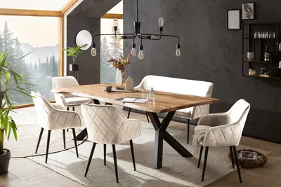 Produktbild von SalesFever 6-tlg. Akazie-Essgruppe 200x100 cm | Platte 35 mm Akazie | Metallgestelle | 4 Stühle & 1 Bank in Samt-Optik | natur – schwarz – creme