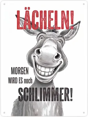 Produktbild von Grinsender Esel - Lächeln Morgen wird es schlimmer Metallschild XXL in 28x38 cm