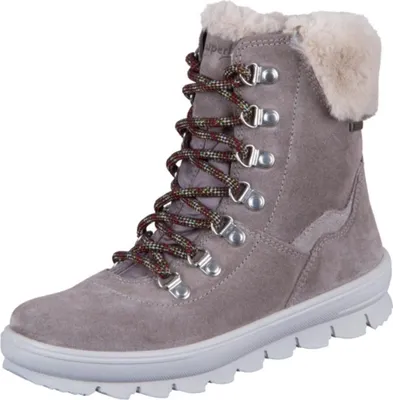 A single gray winter boot with beige fur lining and red and black laces is shown against a white background.
