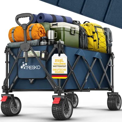 Produktbild von TRESKO® Bollerwagen faltbar 215L mit Bremse | Handwagen klappbar 150kg inkl. Vollgummireifen | Faltbarer Strandwagen Extra Breite All-Terrain-Räder | Transportwagen mit Tragetasche