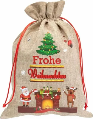Produktbild von Weihnachtsgeschenksack Tannenbaum Kamin 30x40cm Jute, Weihnachtsmann Rentier