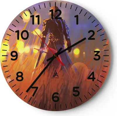 Produktbild von Wanduhr - Rund - Glasuhr - Krieger Schwert - 40x40cm - Schleichendes Uhrwerk - Lautlos - zum Aufhängen bereit - Dekoration Modern - Wanddekoration aus Glas - C4AR40x40-3819