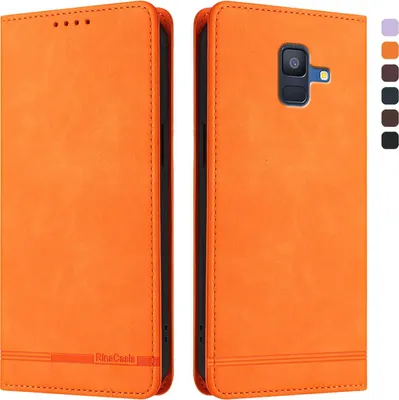 Produktbild von Hülle für Samsung Galaxy A6 2018, Retro Kunstleder Ständer Klapphülle mit Kartenfächer und Magnetische Orange