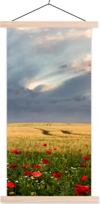 Produktbild von MuchoWow® Textilposter Blumen - Weizen - Wolken 60x120 cm mit holzfarbenen Rahmen - Holz