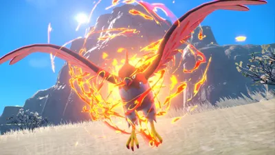 A fiery bird-like creature flying in a mountainous, outdoor environment.