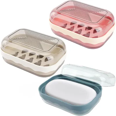 Produktbild von Set mit 3 Reiseseifenschalen, wasserdichte und versiegelte Boxen, für Zuhause, Badezimmer, Camping (Blau, Grau-Weiß, Rosa)
