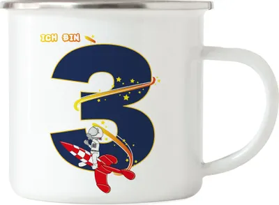 Produktbild von Ich Bin 3 Emaille Tasse 3. Geburtstag Weltall Astronaut Fans Rakete Geschenkidee 3 Jahre Alt